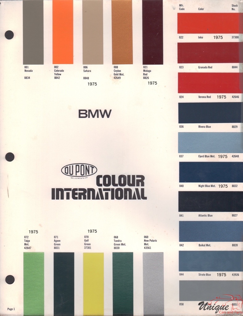 1975 BMW International Paint Charts DuPont 1